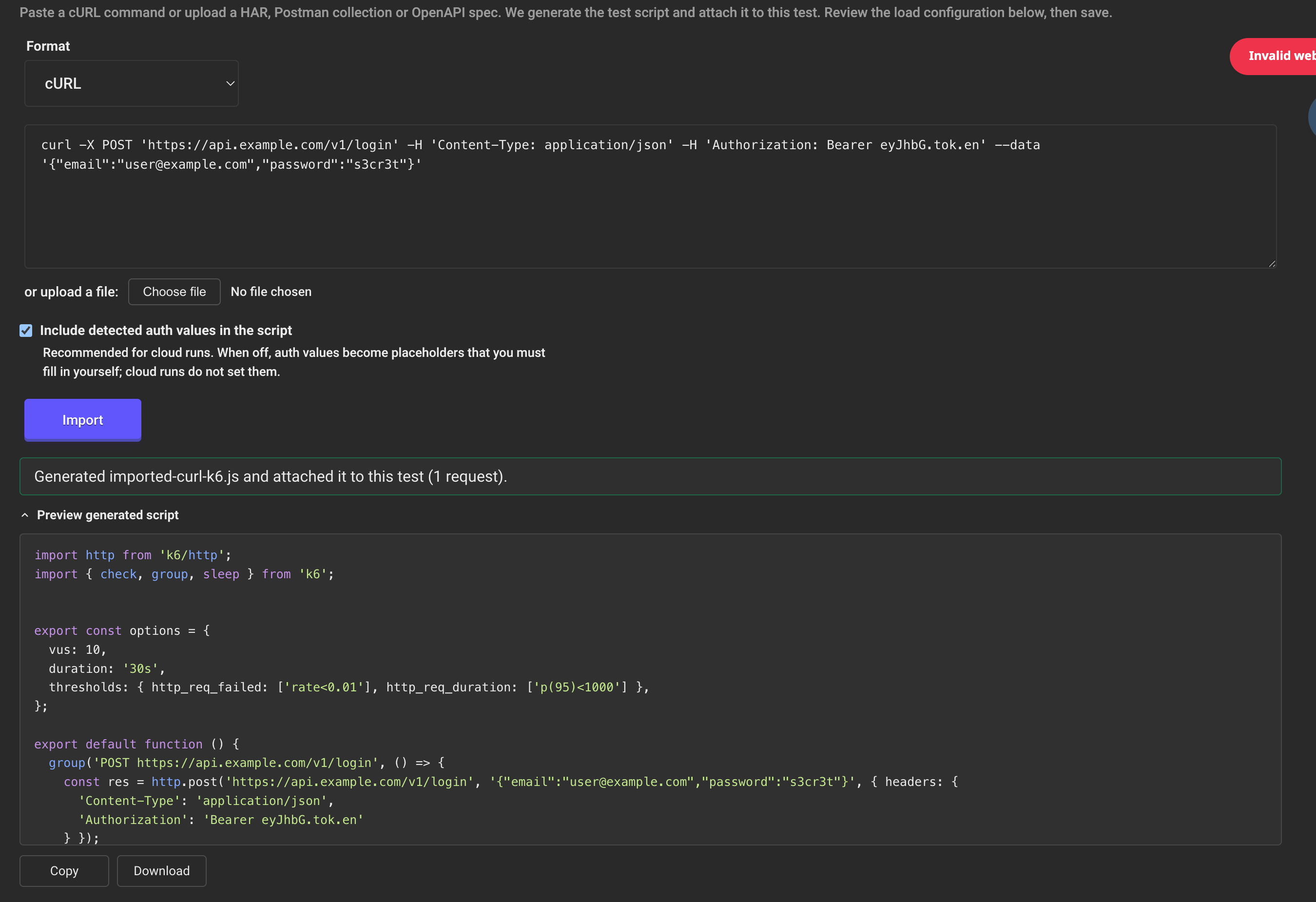 Importing a cURL request into a k6 load test on LoadFocus, with the generated script preview